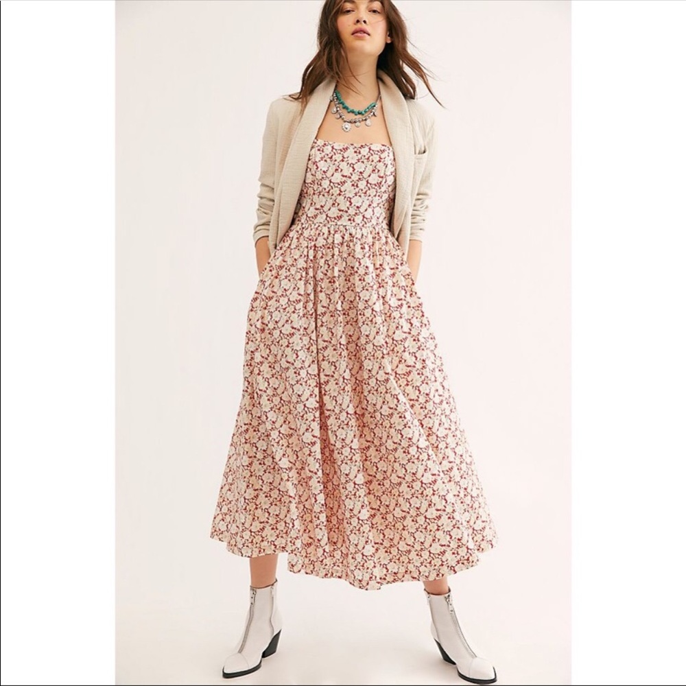 Free People Red Floral Prairie Midi Dress NEW